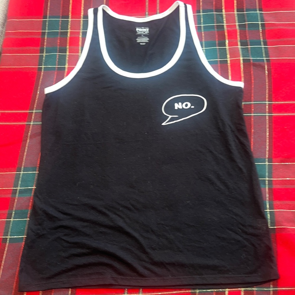 Black and white tank top with message of NO size L